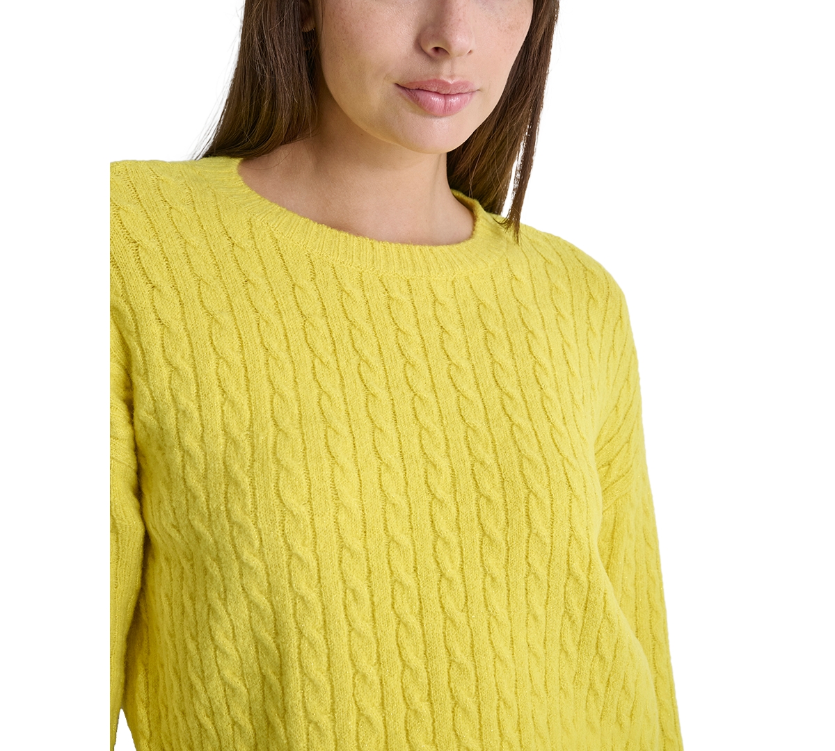 Shop Dkny Jeans Petite Crewneck Cable-knit Sweater In Acid Yellow