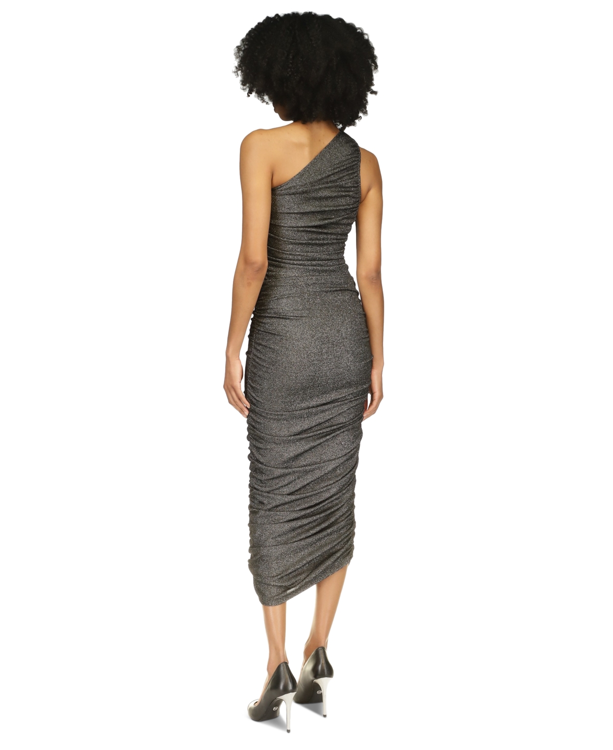 Michael Michael Kors Women's Ruched Metallic One-Shoulder Midi Dress - Black  Silver