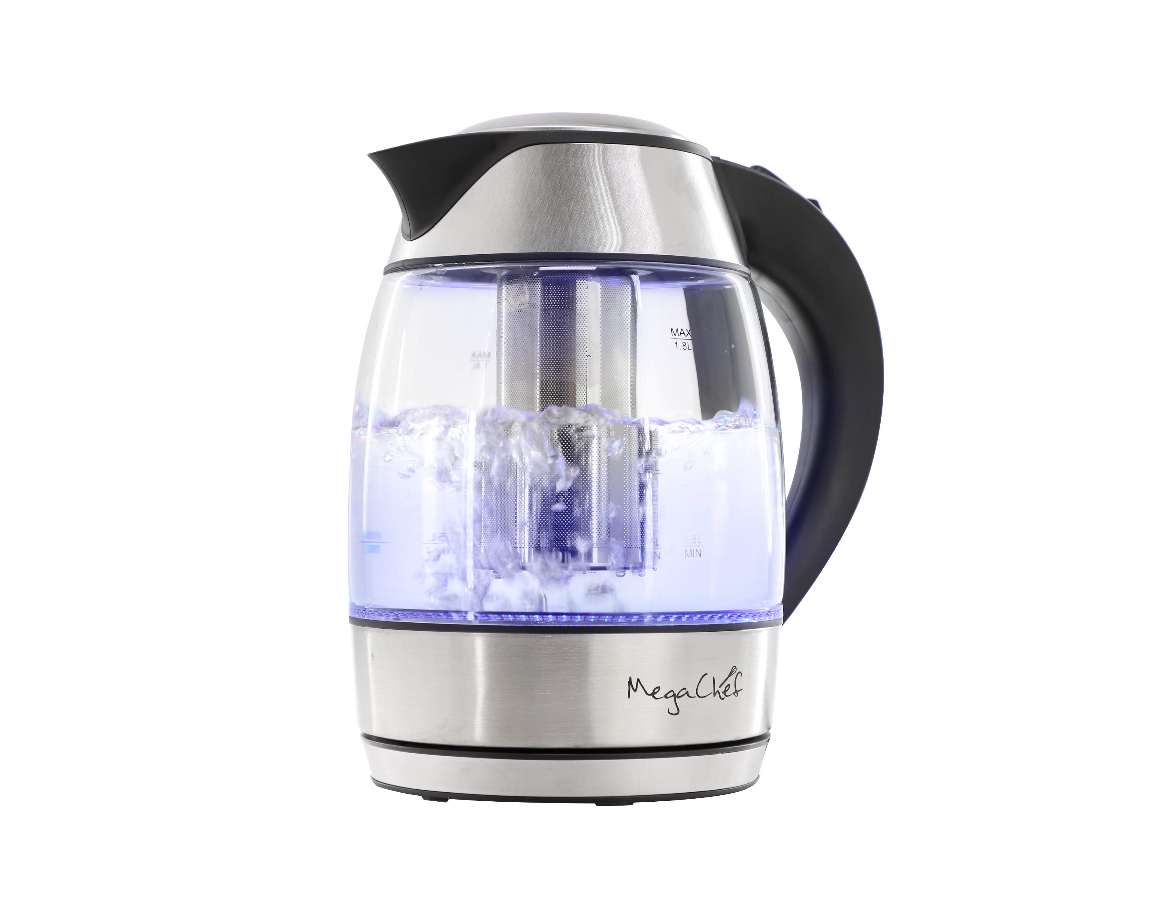 MegaChef 1.8 Quart Glass Body and Stainless Steel Electric Tea Kettle with Tea Infuser