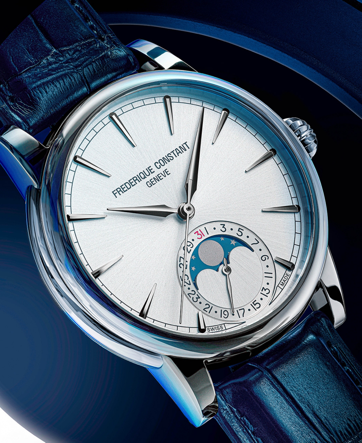 Frederique Constant Men's Swiss Automatic Classic Moonphase Date Manufacture Blue Leather Strap Watch 40mm In Blue