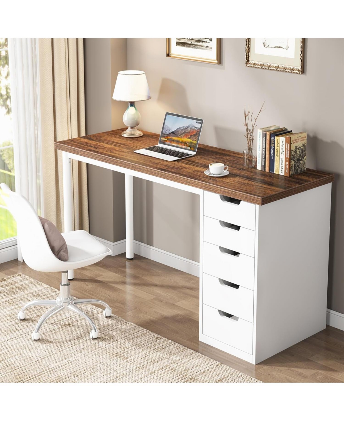 Tribesigns Computer Desk with 5 Drawers, inches Rustic Brown Home Office Desk with Storage, Modern Simple Laptop Desk Study Writing Table for Small