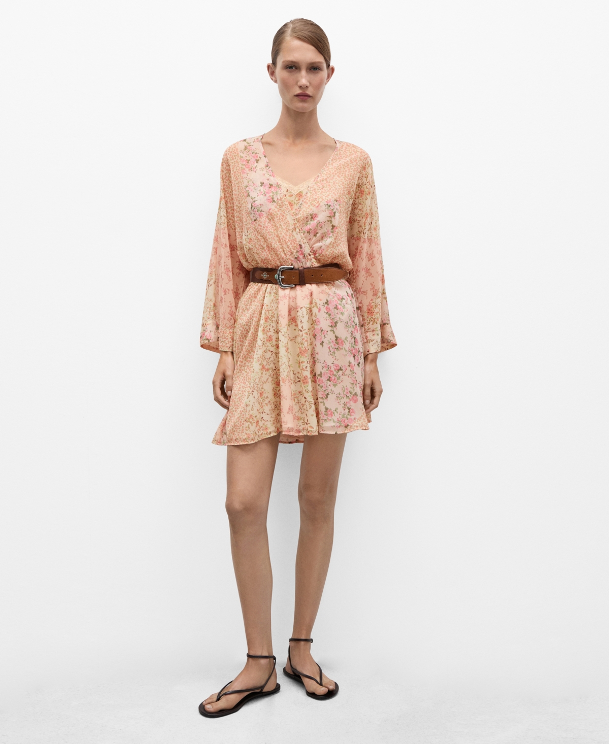 Mango Short Floral-print Dress Ecru In Ecru
