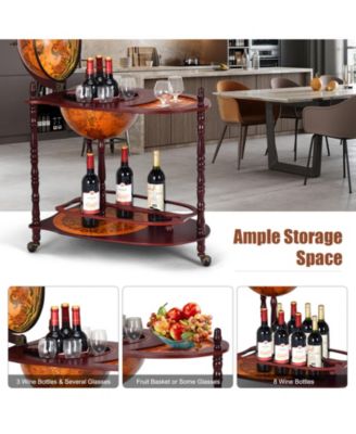 Vintage Globe Rolling Wine Bar Cart with Extra Shelf