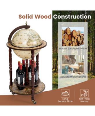 17 Inch Italian Style Design Wooden Globe Liquor Bottle Wine Rack with Wheels