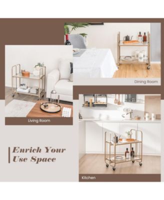 2-Tier Mobile Serving Cart with Tempered Glass Shelf