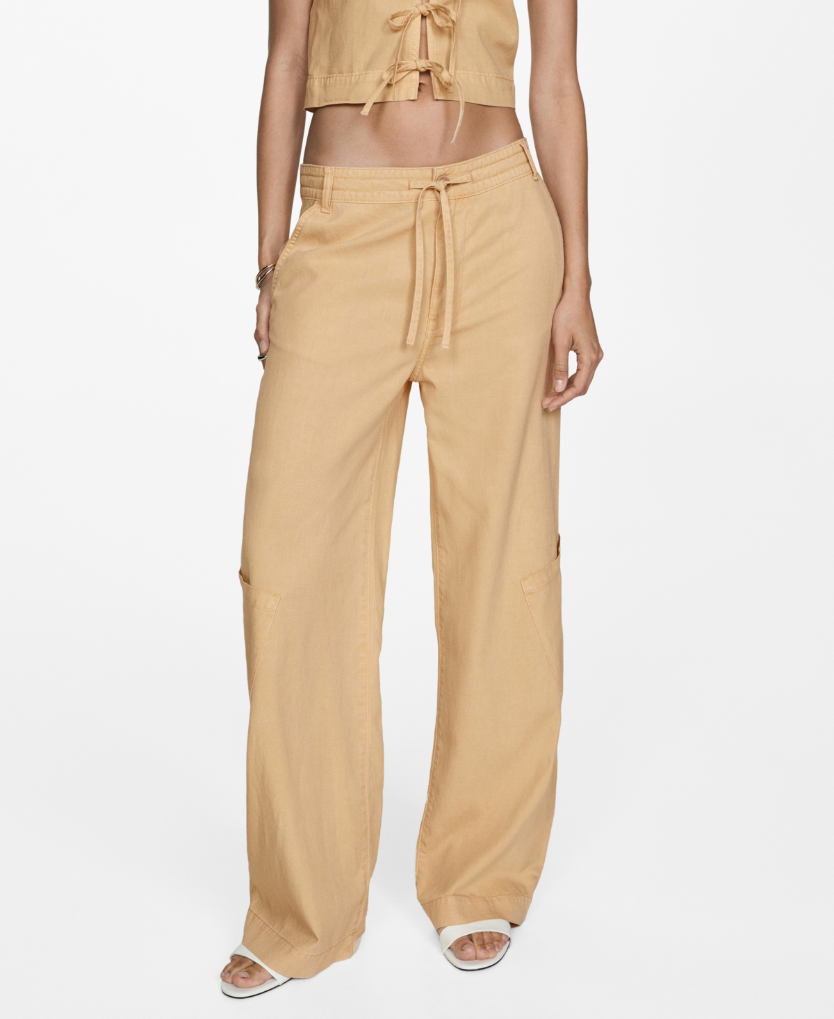 Mango Linen Cargo Pants In Sand