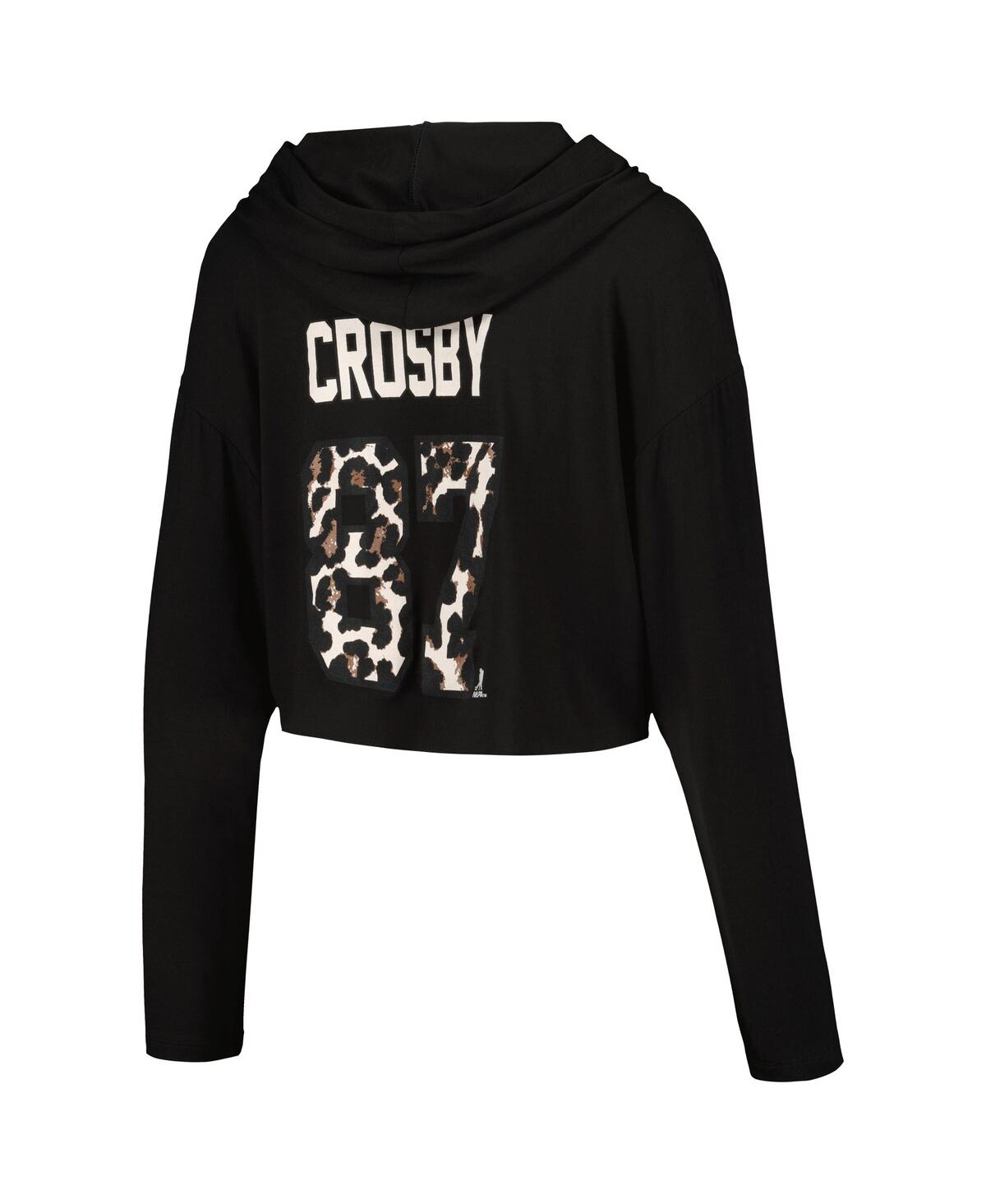 Majestic Women's Sidney Crosbyâ Black Pittsburgh Penguins Leopard Print Name Number Cropped Pullover Hoodie In Black