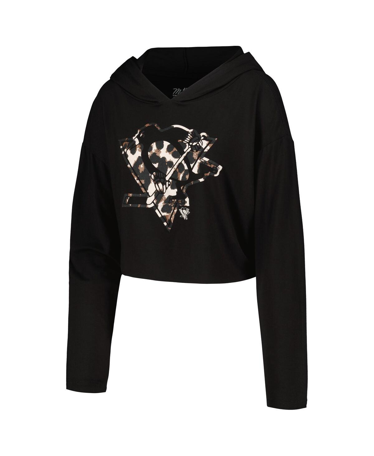 Majestic Women's Sidney Crosbyâ Black Pittsburgh Penguins Leopard Print Name Number Cropped Pullover Hoodie In Black