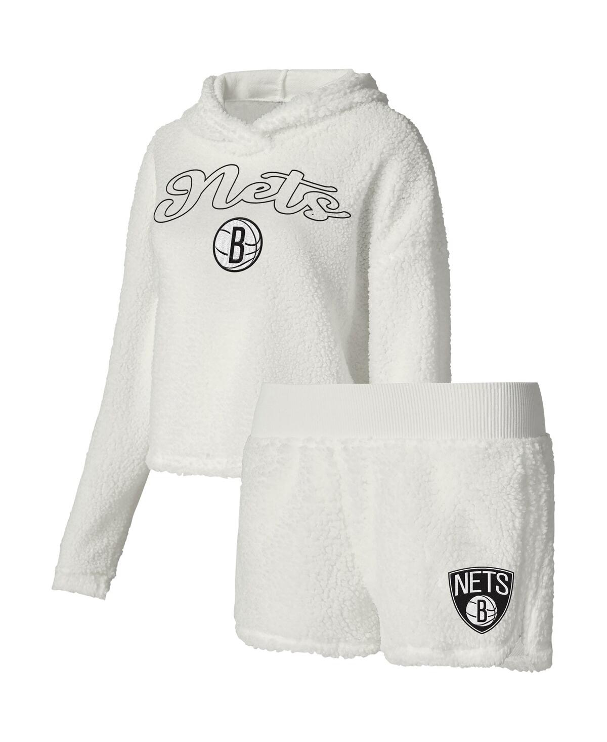 College Concepts Women's Cream Brooklyn Nets Fluffy Long Sleeve Hoodie T-shirt Shorts Sleep Set In White