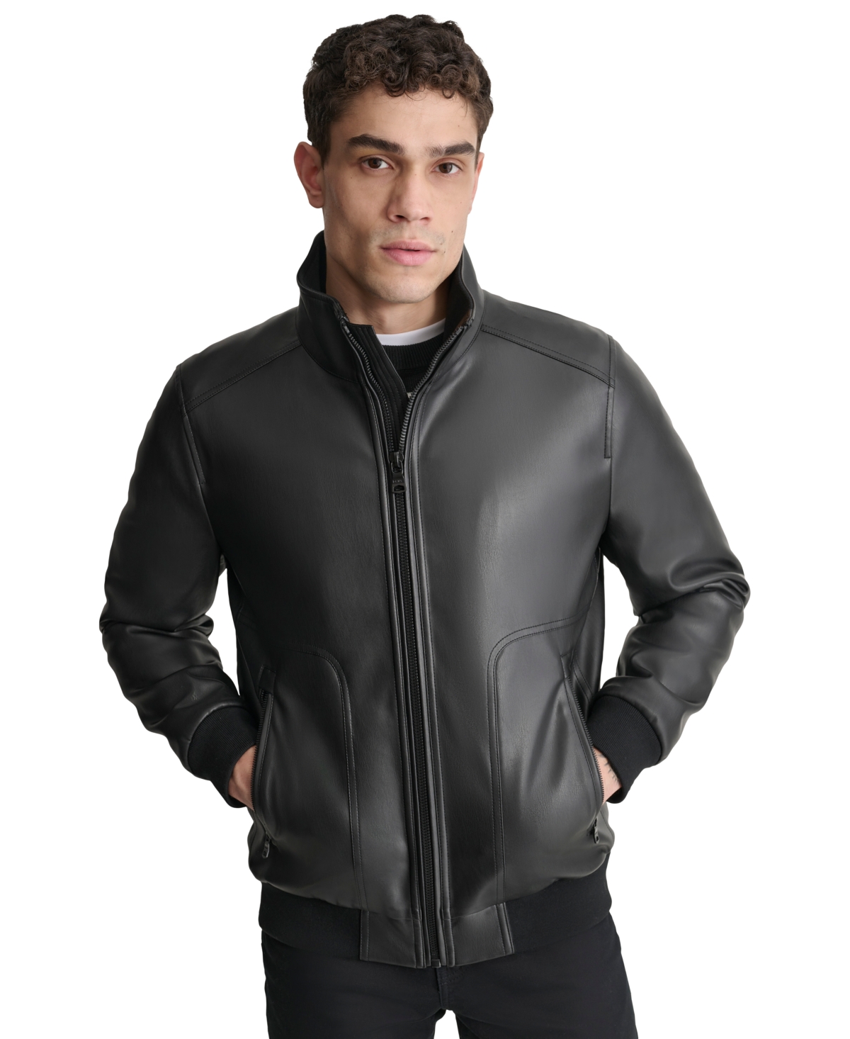 Men's Smooth Faux-Leather Bomber Jacket - Black