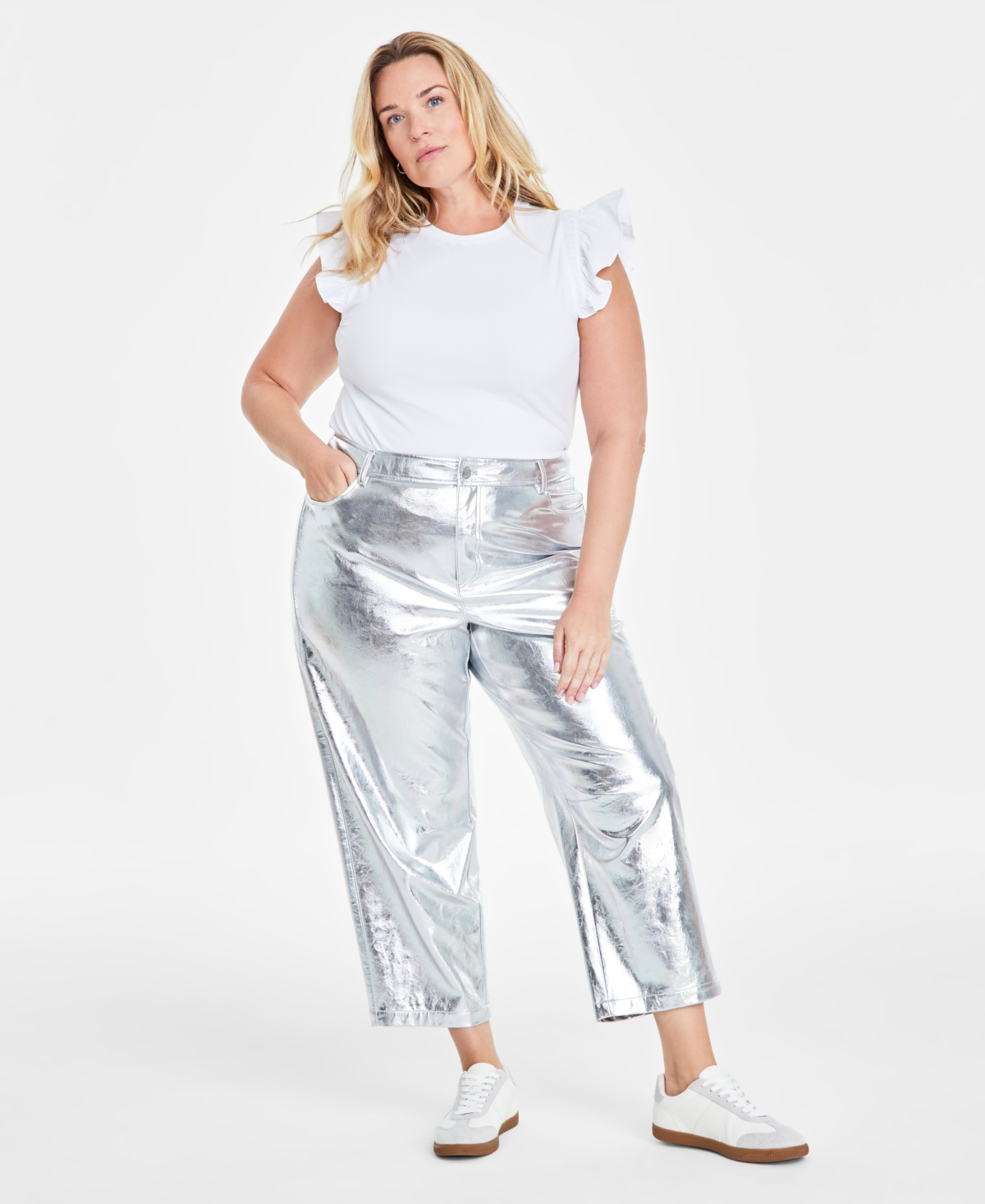 Trendy Plus Cropped Straight-Leg Metallic Pants, Created for Macy's - Silver