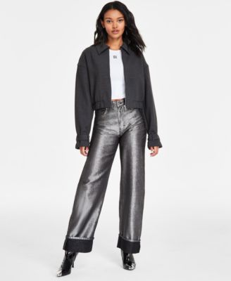 HUGO - Women's Metallic Denim Cuffed Straight-Leg Jeans