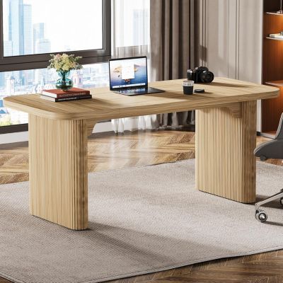 Modern Executive Office Desk, 62-Inch Large Wood Computer Desk, Aesthetic Workstations with Double Pedestal, Writing Table Work Desk for Home Office (Easy to Assemble)