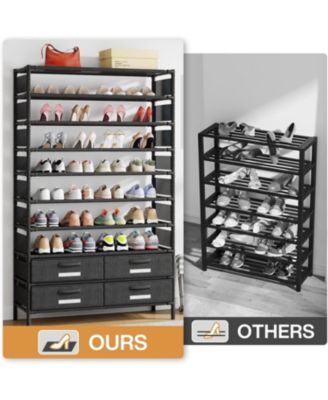 10 Tier Shoe Rack Organizer with 4 Bins Drawers, 50 Pairs Vertical Shoe Racks Free Standing Tall Shoe Shelf Storage Organizer