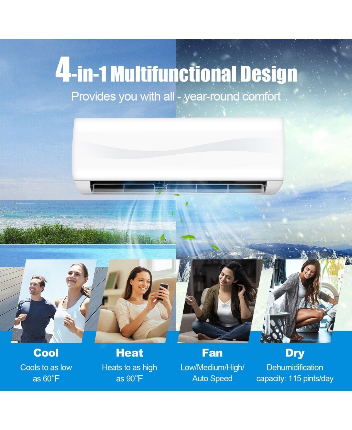24000 Btu 18.5 SEER2 208-230V Ductless Mini Split Air Conditioner and Heater