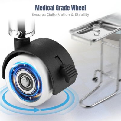 Mobile Mayo Stand Stainless Steel with 2 Pcs Trays on Wheels Adjustable for Hospital Dental Salon