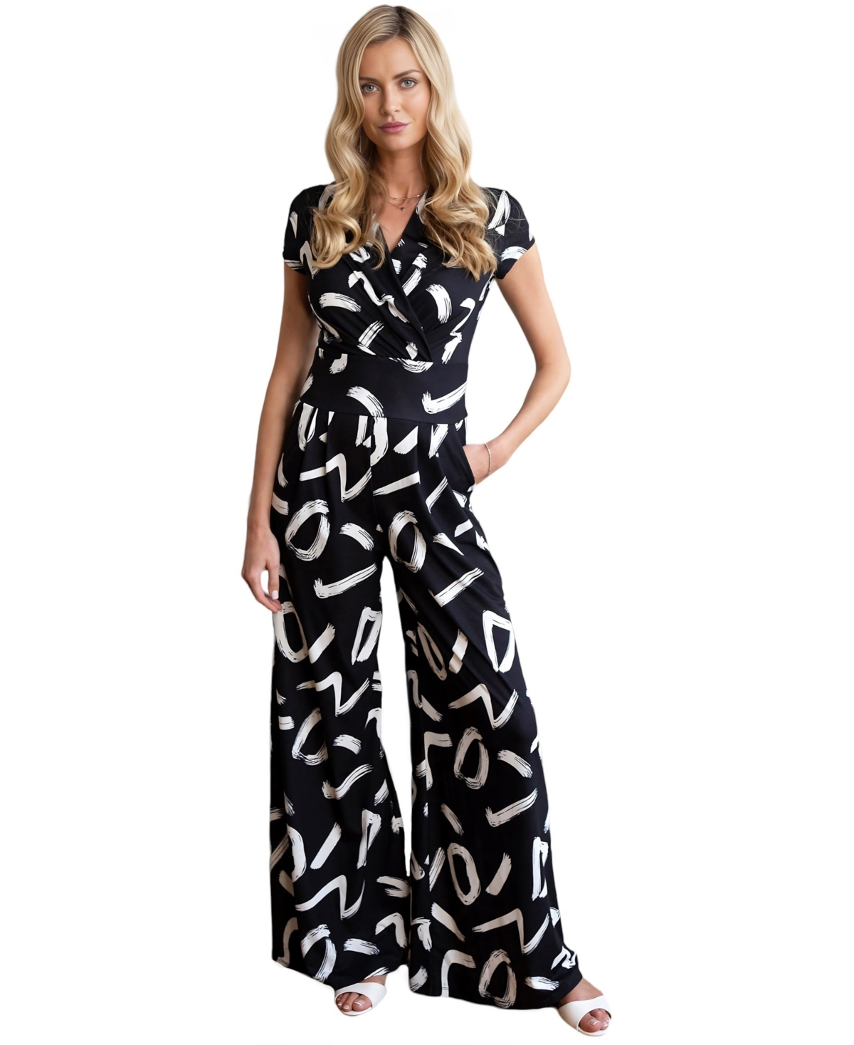 Hotsquash London Women's Black & White V-Neck Wide Leg Jumpsuit - Black with white brushstrokes