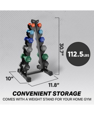 3, 5, 8, 10, 12 & 15 Pound Neoprene Dumbbell Weight Set w/Storage Rack