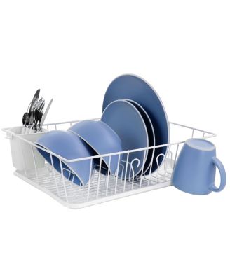17.5 Inch White Single Level Dish Rack with 14 Plate Positioners and a Detachable Utensil Holder