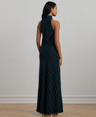 Lauren Ralph Lauren Women's Plaid Crinkle Georgette Tie-Neck Gown - Macy's