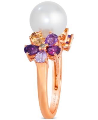 Vanilla Pearl (9-1/2mm), Multi-Gemstone (1-1/3 ct. t.w.), & Nude Diamond Accent Flower Ring in 14k Rose Gold