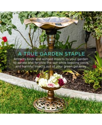 Solar Lighted Pedestal Bird Bath w/ Planter, Integrated Panel