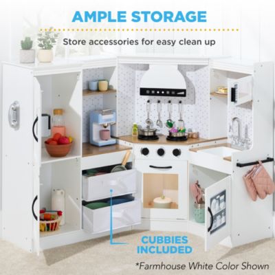 Pretend Play Corner Kitchen, Interactive Wooden Kids Set w/ Lights & Sounds