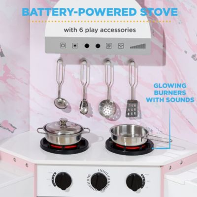 Pretend Play Corner Kitchen, Interactive Wooden Kids Set w/ Lights and Sounds