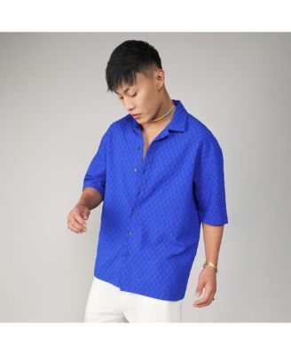 Men's Royal Blue Textured Geometric Oversized Shirt