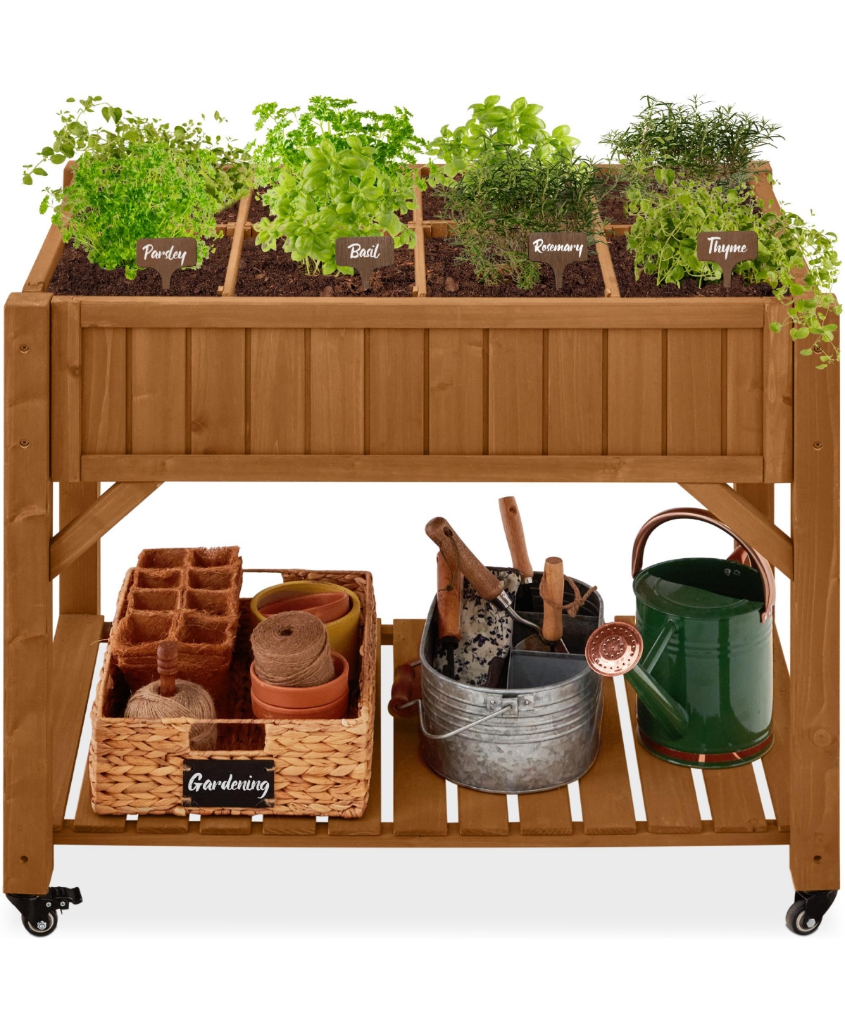 Elevated Mobile Pocket Herb Garden Bed Planter w/ Lockable Wheels, Storage Shelf - Acorn Brown - Acorn brown