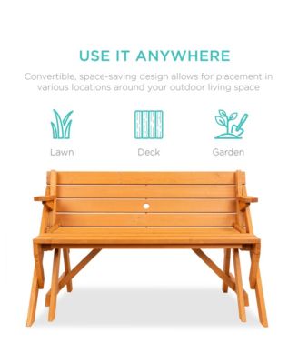 2-in-1 Outdoor Interchangeable Wooden Picnic Table/Garden Bench for w/ Umbrella Hole - Natural