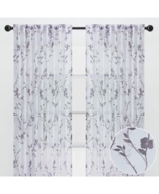 Premium 2-Panel Floral Textured Sheer Curtain Panels - 3-in-1 Back Tab, Rod Pocket, Ring Tab - 52 x 63 Inches