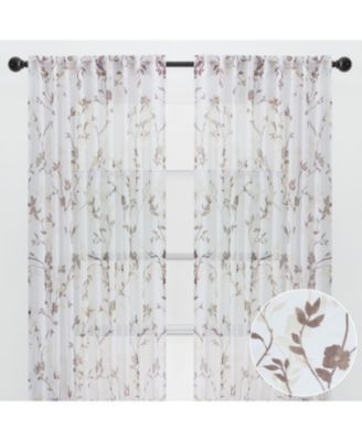 Premium 2-Panel Floral Textured Sheer Curtain Panels - 3-in-1 Back Tab, Rod Pocket, Ring Tab - 52 x 63 Inches