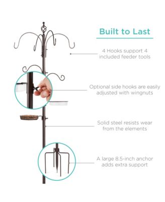89in 6-Hook Bird Feeding Station, Steel Multi-Feeder Stand w/ 4 Feeders, Tray, Bird Bath