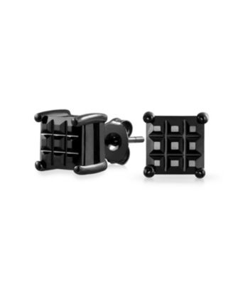 Black Invisible Cut Square CZ Checkboard Cubic Zirconia Prong Basket Set Stud Earrings Sterling Silver
