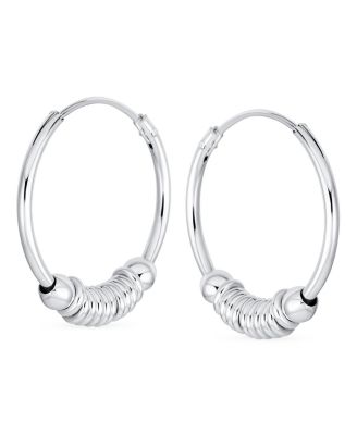 Balinese Tribal Ball Bead Continuous Circle Bohemian Boho Tribal Endless Bali Hoop Earrings .925 Sterling Silver .75 Inch Diameter