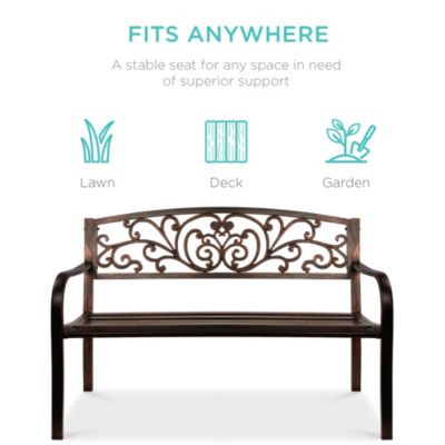 Outdoor Steel Bench Garden Patio Porch Furniture w/ Floral Design Backrest