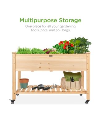 Raised Garden Bed 48" x 23" x 32" Wood Mobile Elevated Planter with Wheel Locks, Shelf and Liner