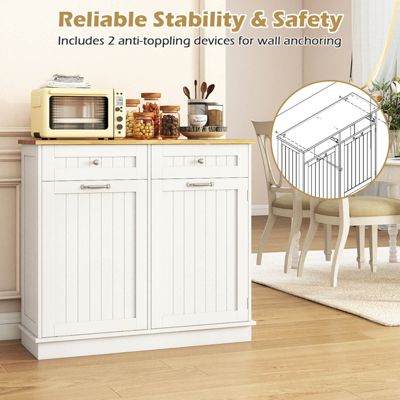 15.5 Gallon Kitchen Tilt Out Trash Cabinet Rubber Wood Tabletop 2 Drawers