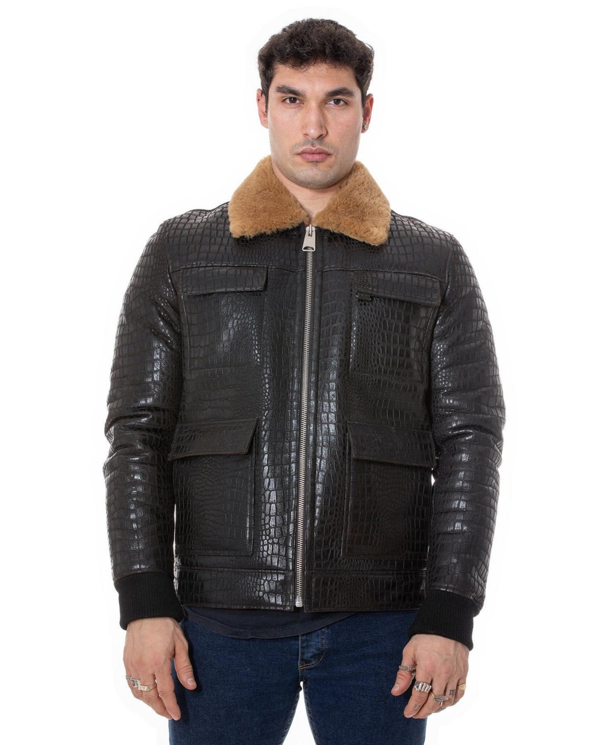 Furniq Uk Men's Shearling Bomber Jacket,Crocodile Emboss with Ginger Wool - Brown