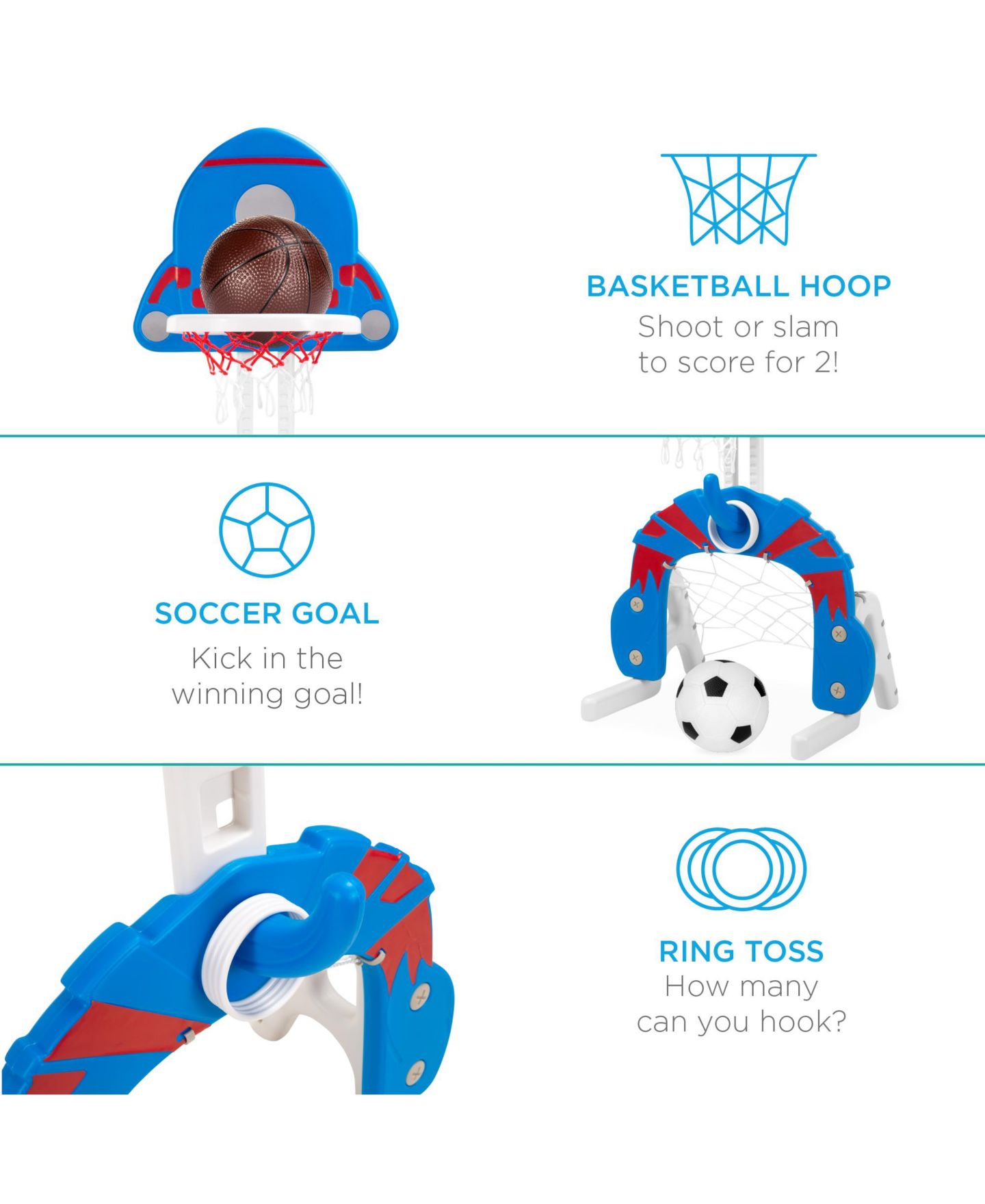 Детский игровой набор Best Choice Products 3-in-1 Toddler Basketball Hoop Adjustable Play Set, Ages 3+, цвет: Синий — фото 5