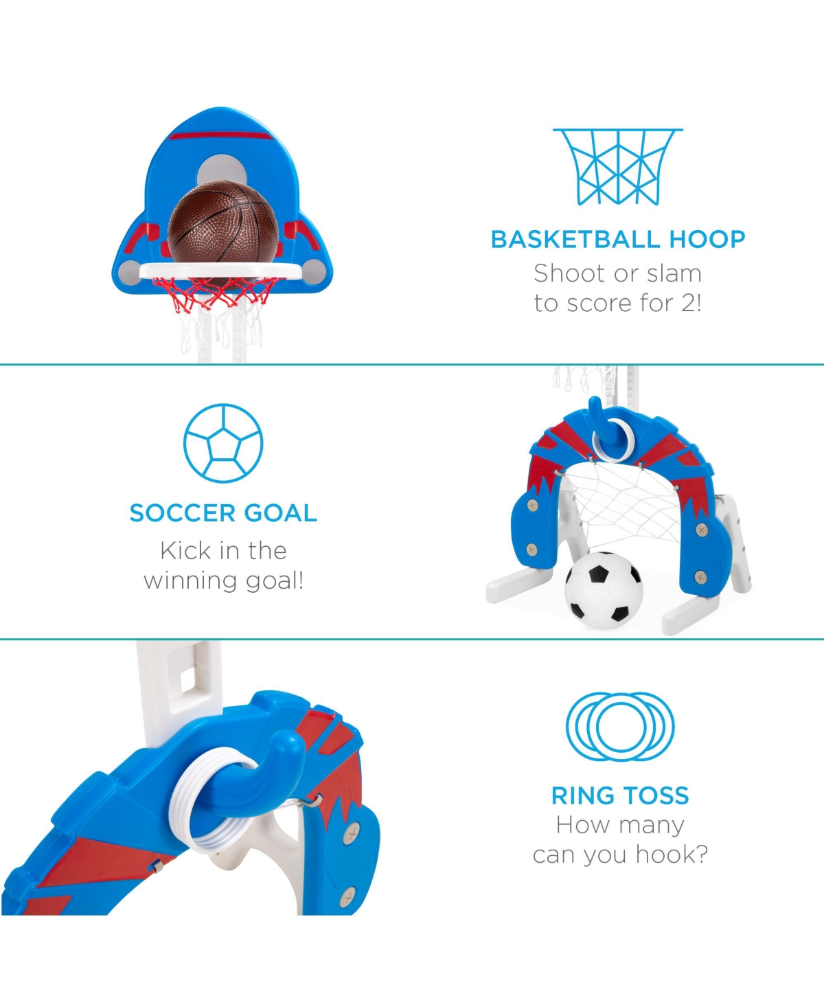 Best Choice Products 3-in-1 Toddler Basketball Hoop Sports Activity Center Grow With Me Play Set - Blue with ring toss