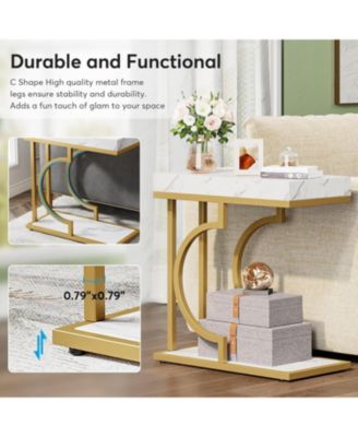 Set of 2 C Shaped End Table, Narrow Side Table, Sofa Table with Metal Frame for Living Room