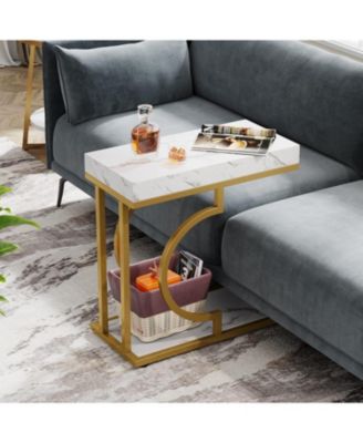 Set of 2 C Shaped End Table, Narrow Side Table, Sofa Table with Metal Frame for Living Room