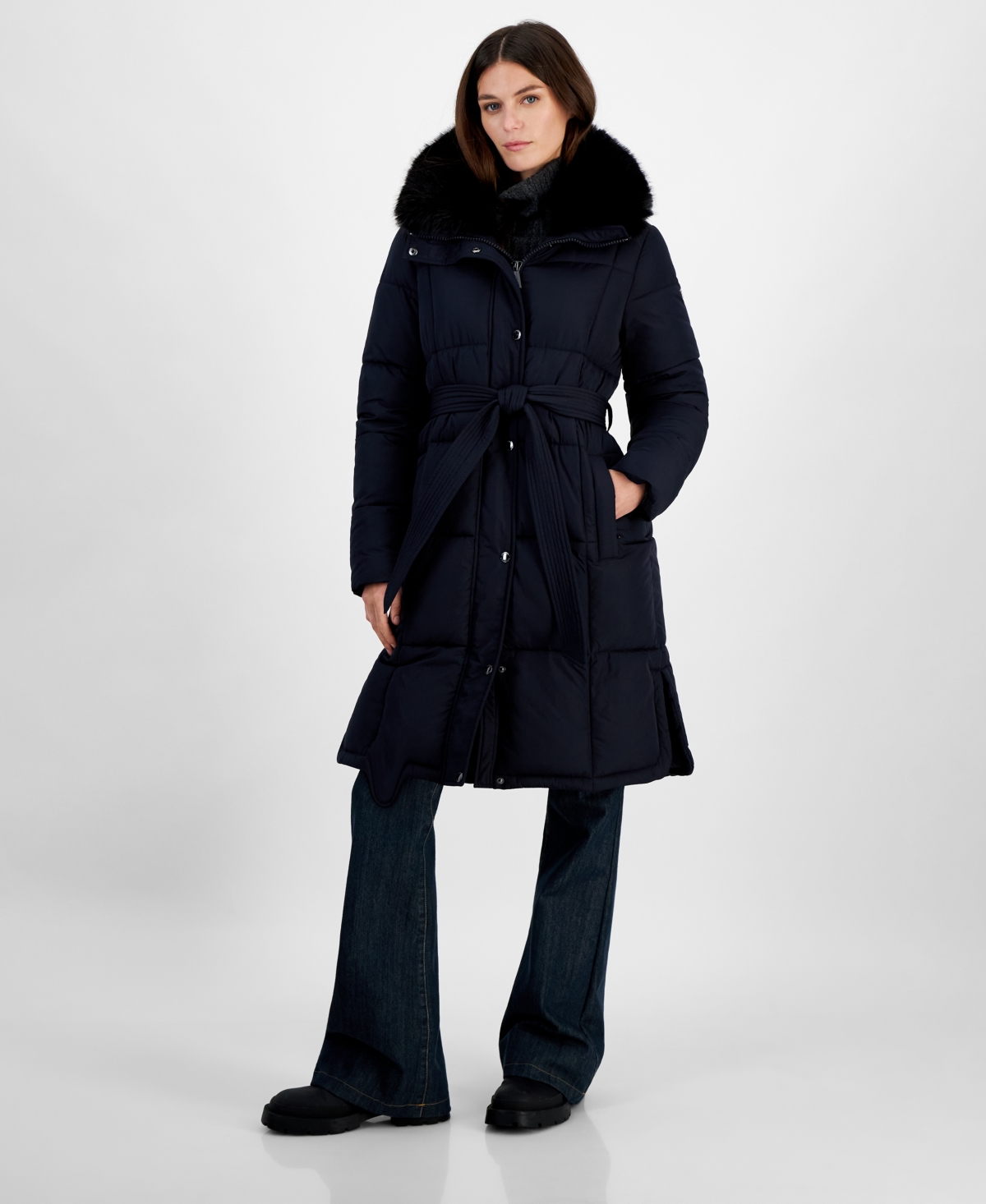 Michael Michael Kors Women's Faux-Fur-Collar Belted Puffer Coat, Created for Macy's - Admiral