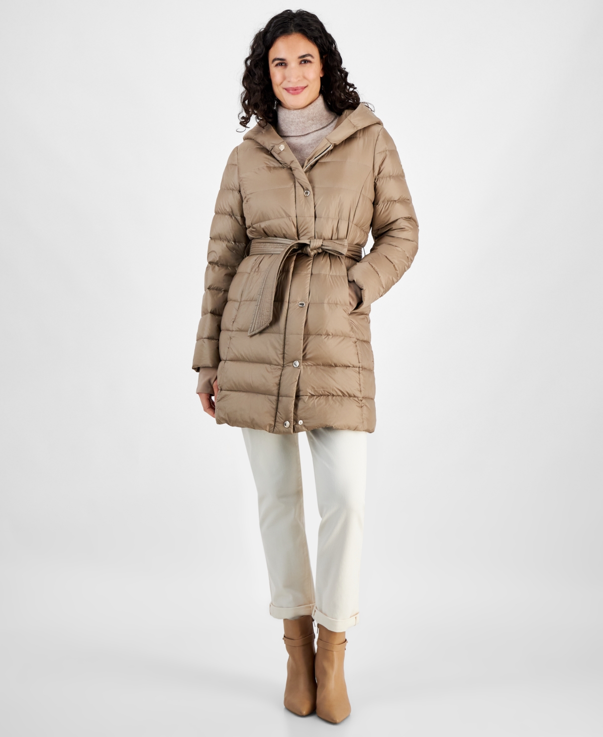 Michael Kors Michael Michael Kors Women s Belted Hooded Puffer Coat Created for Macy s Taupe Smart Closet