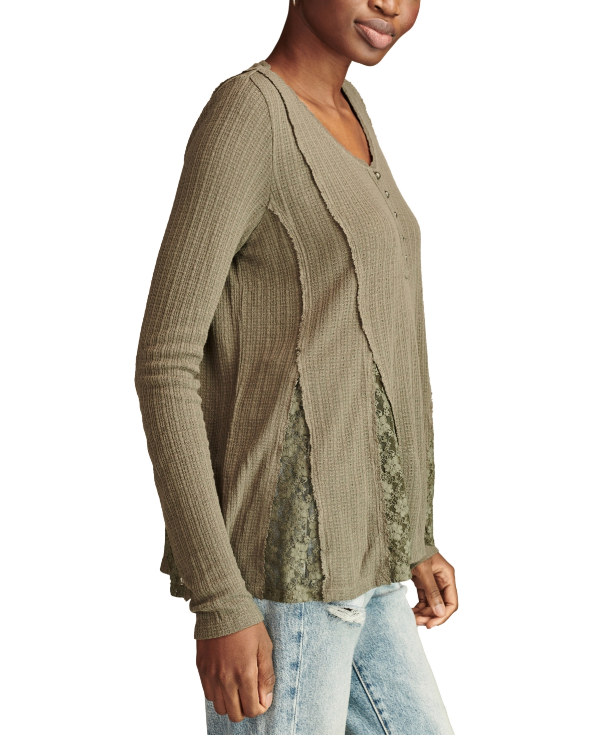 Shop Lucky Brand Women's Henley V-neck Lace-godet Swing Top In Olive