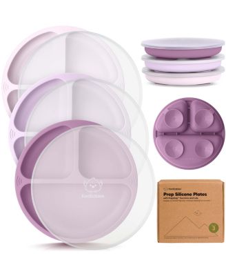 3-Pack Prep Suction Plates with Lids, 100% Silicone Baby Plates with Lid, BPA-Free Kids Divided Toddler Plates