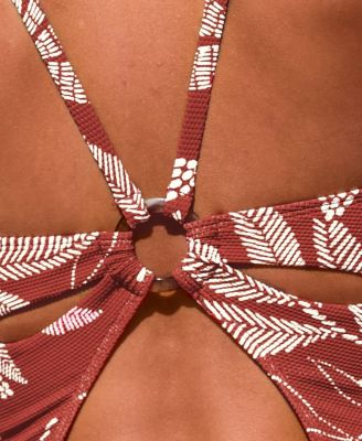 Women's Brick Red Botanical Prints Front Keyhole Gathered Back One-Piece Swimsuit