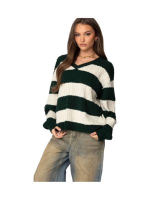 Women's Oversized Striped Cable Knit Sweater